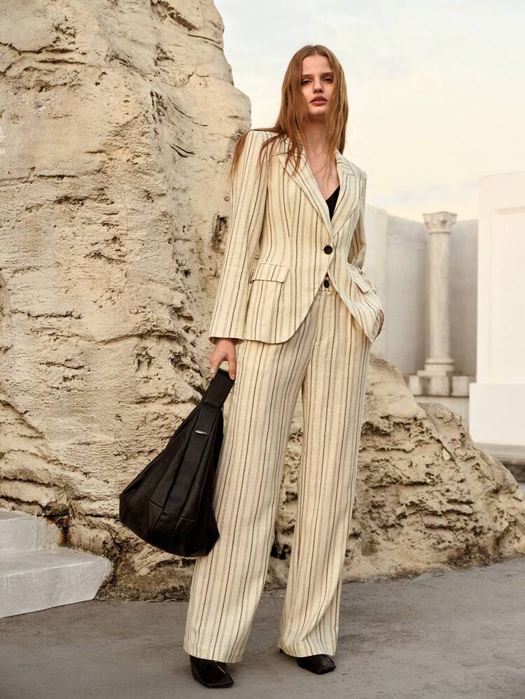 WOMEN'S LINEN STRIPED STRAIGHT LEG PANTS, SPRING/SUMMER