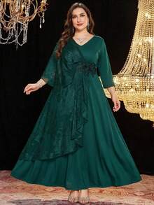 Reflora 大码女式V领拼接贴花网纱优雅连衣裙 - 綠色 - 查看 10