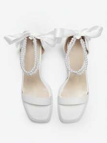 時尚人造珍珠蝴蝶結白色 Pu 皮革厚底防水台粗跟女式高跟涼鞋 - 白色 - 查看 3