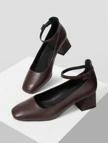 Tacones Mary Jane negros para mujer con tacón grueso y punta cuadrada - Marrón - Ver 5