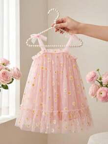 SHEIN Vintaside Kids Cute & Elegant Baby Girl Floral Mesh Dress With Flared Skirt - Pink - View 1