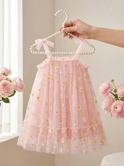 SHEIN Vintaside Kids Vestido de malla floral elegante y lindo para niña con falda acampanada