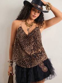 Freevana Áo camisole dáng rộng, màu nâu da báo, họa tiết da báo, dây mảnh, hở lưng, cổ chữ V, kiểu dáng vintage, thích hợp cho kỳ nghỉ hè, giúp tôn dáng. - màu nâu - Xem 7