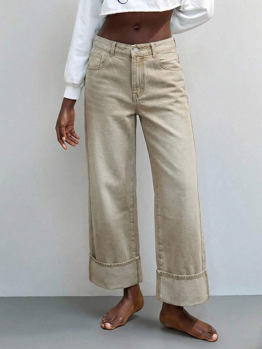 Maija Quần jeans nữ kiểu retro màu xám xanh, ống đứng, dài đến mắt cá chân, gấu quần gập xuống, phong cách thường ngày và đa năng. - Màu Khaki - Xem 1