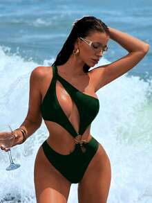 Swim SXY Áo tắm liền thân gợi cảm cho nữ, thiết kế bất đối xứng, đính kim loại rỗng, thích hợp cho mùa hè. - Màu xanh lá cây đậm - Xem 1