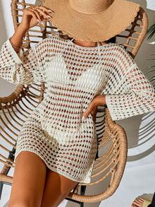 SHEIN Swim 鏤空落肩袖罩衫不附比基尼 - 米色 - 查看 1