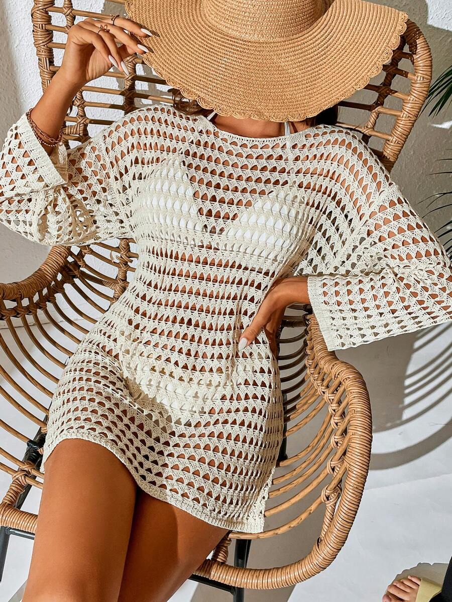 SHEIN Swim 鏤空落肩袖罩衫不附比基尼 - 米色 - 查看 1