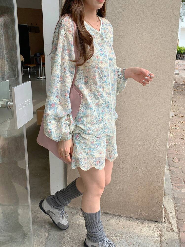Women's Printed Loose Long Sleeve Cardigan And Loose Shorts Casual Elegant 2 Pieces Set