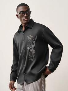 STYNVO 男士花卉刺绣长袖单排扣休闲衬衫 - 黑色 - 查看 1