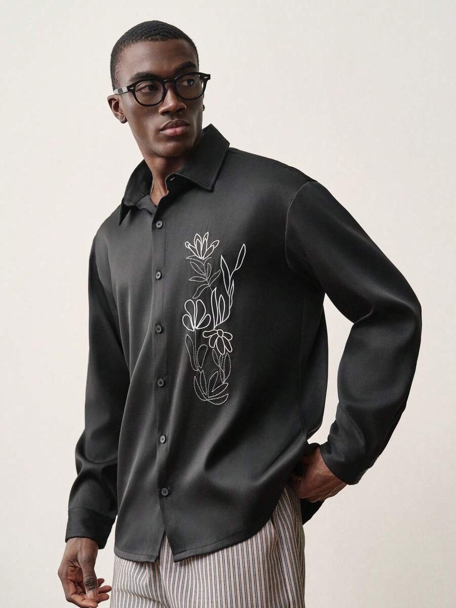 STYNVO 男士花卉刺绣长袖单排扣休闲衬衫 - 黑色 - 查看 1
