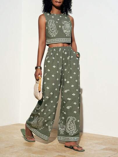 Zivah 2026 Spring/Summer New Music Festival, St. Patrick's Day, Valentine's Day, Date, Western, Nomadic Style, Birthday Party, Graduation, College Style, Student, Daily Casual, Basic Matching, Leisure, Cruise Travel, Beach, Sunbathing, Viral Hit, Streetwear, Wedding Guest, Boho, Commute, Brunch, Airport, Party, Holiday Outing, Office Wear, Vacation, Vintage, Olive Green Faux Embroidery Boat Neck Sleeveless Loose Top And Straight Elastic Waist Printed Pants Women 2-Piece Set