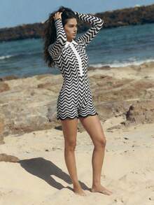 Maija Women's Vacation Beach Striped Hollow-Out One-Piece Swimsuit - Black and White - View 3