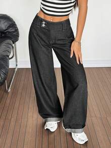 SHEIN PETITE 女士休闲百搭通勤阔腿牛仔裤 - 黑色 - 查看 4