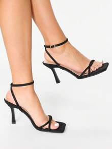 Glitzique 女士高跟凉鞋，春夏新款露趾细带性感手工黑色正装鞋，适合派对、婚礼和场合，鞋跟高度 9 厘米 - 黑色 - 查看 2