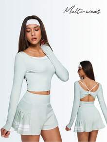 Eassivo Eassivo Áo tập yoga dài tay in họa tiết dành cho nữ, thiết kế nơ phối màu tương phản. - Màu xanh Cadet - Xem 1