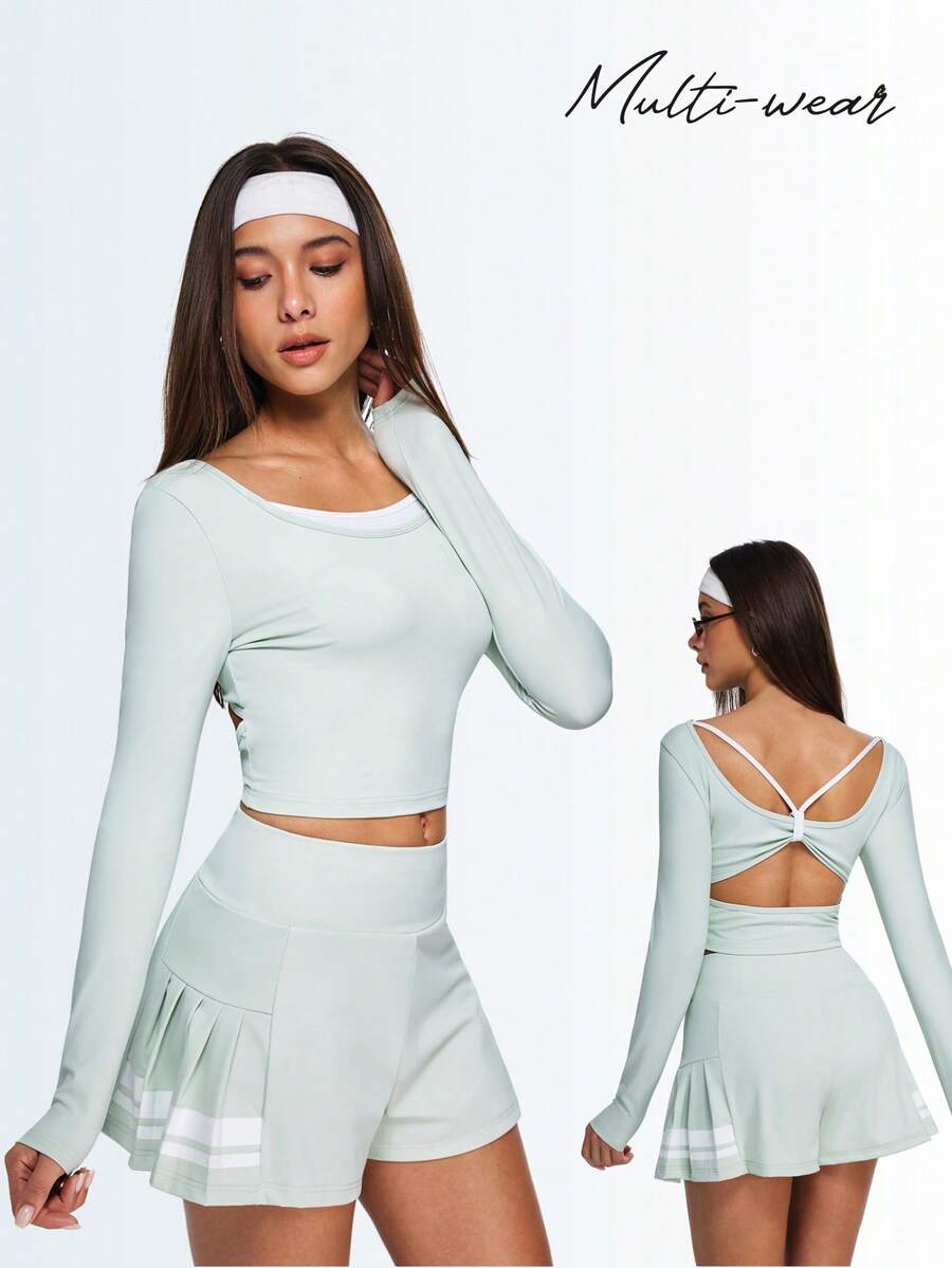 Eassivo Eassivo Áo tập yoga dài tay in họa tiết dành cho nữ, thiết kế nơ phối màu tương phản. - Màu xanh Cadet - Xem 1