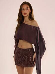 Avenya Women's Casual Asymmetric Hem Shoulder Top, Versatile For Daily Wear - Brown - View 3