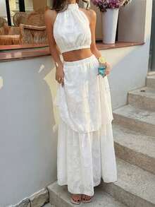 女士休闲优雅白色露肩吊带背心+双层刺绣飘逸长款中长裙，两件套波西米亚度假风套装，夏季套装，适合情人节/休闲度假/通勤穿着 - 白色 - 查看 4