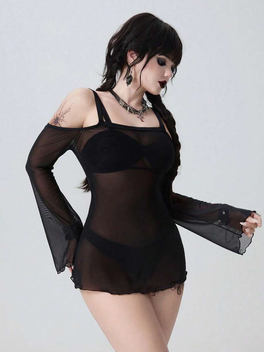 ROMWE Goth 女士纯色网纱露肩休闲沙滩罩衫连衣裙 - 黑色 - 查看 1