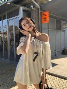 DAZY Women's Casual Loose Fit Numeric Print Asymmetrical Shoulder Short Sleeve T-Shirt - White - View 6