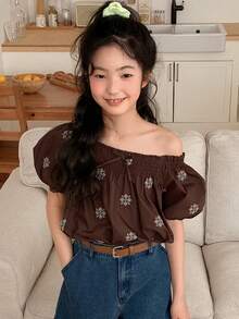 DAZY Blusa de niña con cuello de volantes, mangas de pétalos y bordados, camisa holgada y versátil con estilo francés para el otoño - Marrón - Ver 5