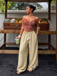 Sunnyshic Quần ống đứng đính hạt cườm, quần nữ thanh lịch phong cách Boho, quần hè cho nữ, quần vải lanh cho nữ, quần ống rộng mùa hè, quần ống rộng cho nữ, quần đi biển cho nữ, quần vải lanh, quần che áo tắm cho nữ, quần hè cho nữ, bộ đồ đi nghỉ mát cho nữ, quần nữ, trang phục mùa hè cho nữ, trang phục mùa hè cho nữ, quần ống rộng cho nữ, quần vải lanh cạp cao mùa hè cho nữ. - Màu Khaki - Xem 5