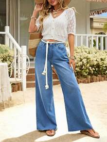 Jeans de pierna ancha con bolsillos en ángulo lavados para uso casual diario de mujer - Azul - Ver 3