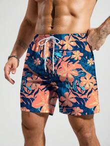 Manfinity KASUA Men's Tropical Plant Print Drawstring Waist Beach Shorts - Multicolor - View 4