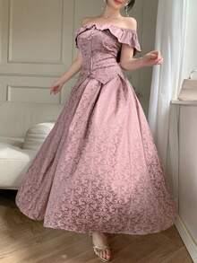 DAZY Women's Elegant Floral Off-Shoulder Ruffle Blouse And A-Line Skirt 2-Piece Set, Summer - Pink - View 4