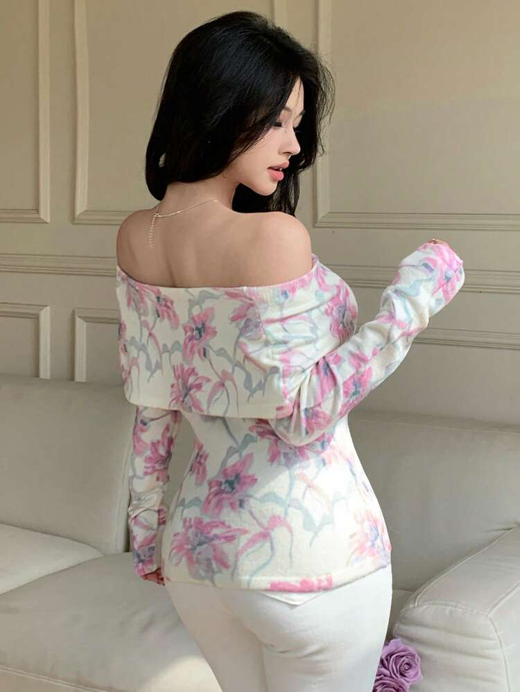 Women's Elegant Floral Knitted Sweater, Spring/Summer,Wedding Guest Dress Women Off The Shoulder