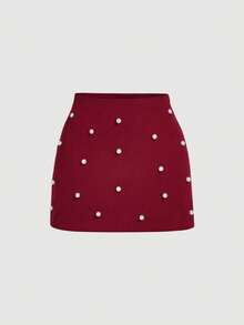 SHEIN MOD 女士优雅纯色仿珍珠装饰半身裙，夏季 - 酒紅色 - 查看 1