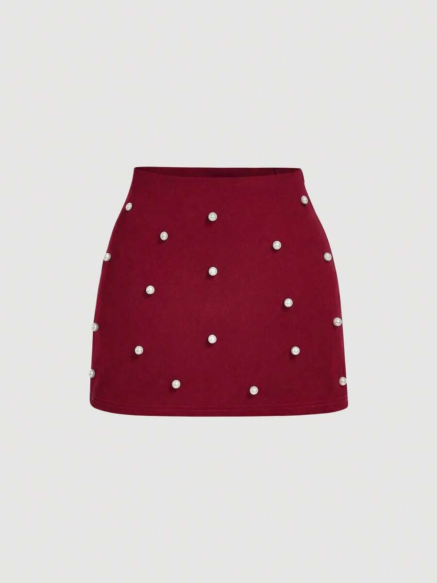 SHEIN MOD 女士优雅纯色仿珍珠装饰半身裙，夏季 - 酒紅色 - 查看 1