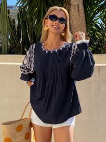 DAZY Women's Elegant Lace Patchwork Embroidered Pleated Blouse, Spring/Summer - Navy Blue - View 4