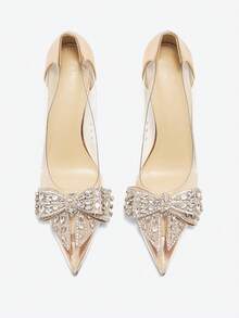 女士高跟鞋尖頭針跟時尚香檳色鞋，帶有蝴蝶和鑽石裝飾 - 香檳色 - 查看 4