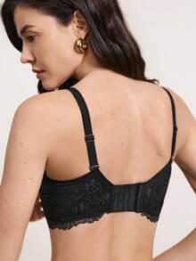 日式蕾丝加垫聚拢文胸，带可调节肩带，适合小胸围，AB 罩杯 - 黑色 - 查看 2