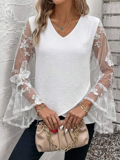 Reflora Blusa blanca de manga larga con cuello en V y elegante, con puños de volantes bordados con mariposas, romántica y encantadora para mujer de talla grande