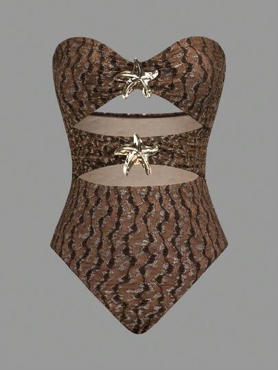 Opulessa Traje de baño de una pieza con estampado de estrella de mar metálico, escote bandeau y diseño calado para vacaciones de verano de mujer