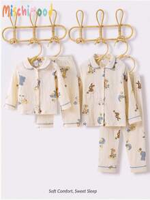 SHEIN Bộ 2 áo khoác cardigan ve áo họa tiết voi và ngôi sao màu be và quần dài thoải mái cho bé trai sơ sinh/trẻ mới biết đi - Màu be - Xem 4