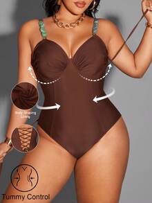 Shapewave Áo tắm liền thân cỡ lớn, màu trơn, chất liệu vải dệt kim, dây mảnh, lưng chéo, có dây rút, giúp tôn dáng. - màu nâu - Xem 1