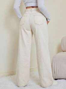 SHEIN Tall Summer Tall Women's Casual High Waisted Beige Wide Leg Denim Pants For Women Fold Over Waistband Casual Jeans Fold-Over Waist Wide Leg Loose Casual White Jeans - Beige - View 3