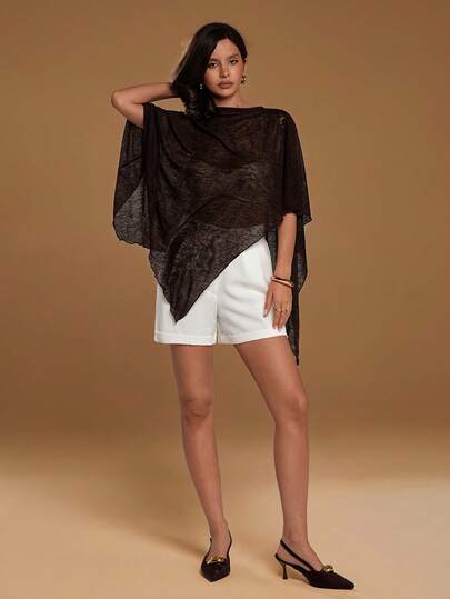 Aloruh 新款时尚杏色多功能针织提花镂空连体露背披肩领多穿度假风轻薄罩衫