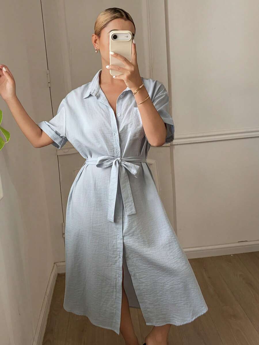 DAZY 优雅简约衬衫裙，收腰中长款，女士家居服，春夏款 - 淺藍色 - 查看 1