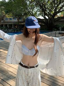 DAZY Atasan Camisole Halter Bergaris Esensial untuk Pantai Musim Panas Wanita - Biru - View 5