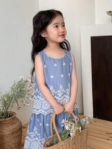 DAZY 女童蕾丝领无袖上衣和裙子两件套，清新甜美韩版风格 - 藍色 - 查看 10