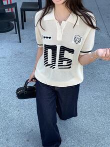 DAZY Women's Casual Numeric Pattern Short Sleeve Knit Top, Spring/Summer - Apricot - View 4