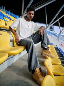 EVRINFINITE 男士休闲宽松拼接直筒做旧水洗牛仔裤，街头风 - 霧霾藍 - 查看 3