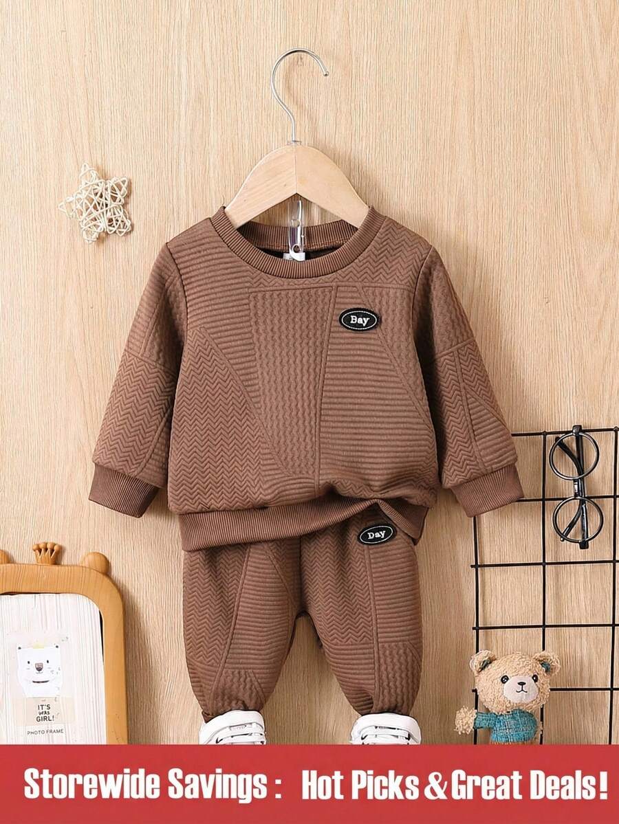 Baby Boy Letter Patched Sweatshirt & Sweatpants - Brown - View 1