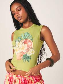 MISSGUIDED Women's Lime Green Ribbed Tank Top With Tropical Fruit Print Summer Vacation Beach Festival Sleeveless Crew Neck Fitted Tee - Green - View 5