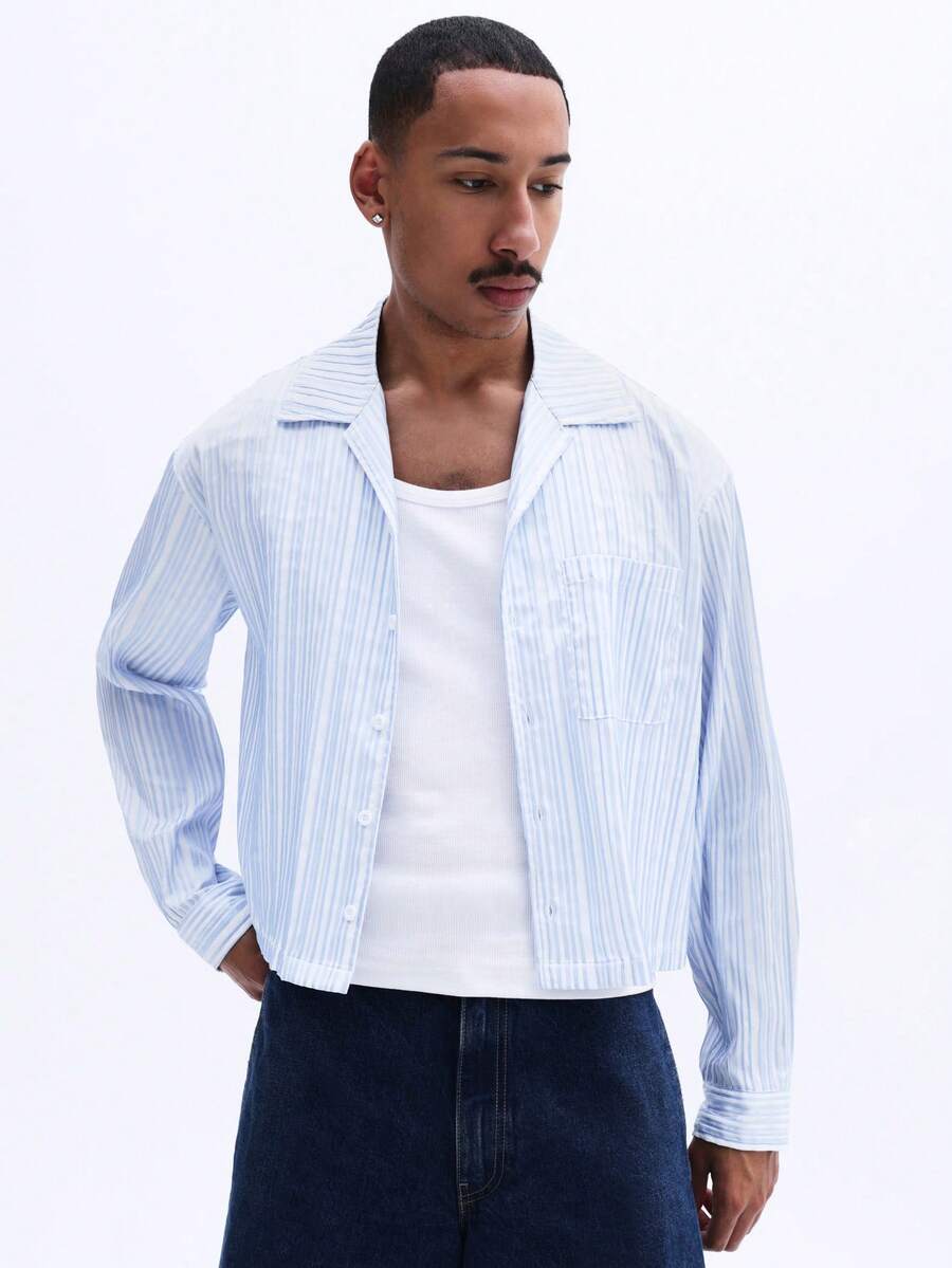 SUMWON Áo sơ mi nam dáng ngắn tay dài, cổ bẻ, họa tiết sọc dọc, kiểu dáng cổ điển, trang trọng nhưng vẫn thoải mái. - Xanh và trắng - Xem 1