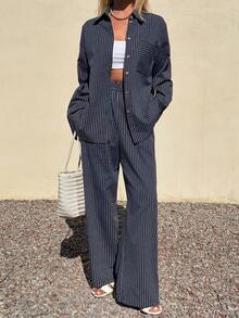 DAZY 女士休闲条纹口袋衬衫和阔腿裤两件套，春夏款 - 藏蓝色 - 查看 1